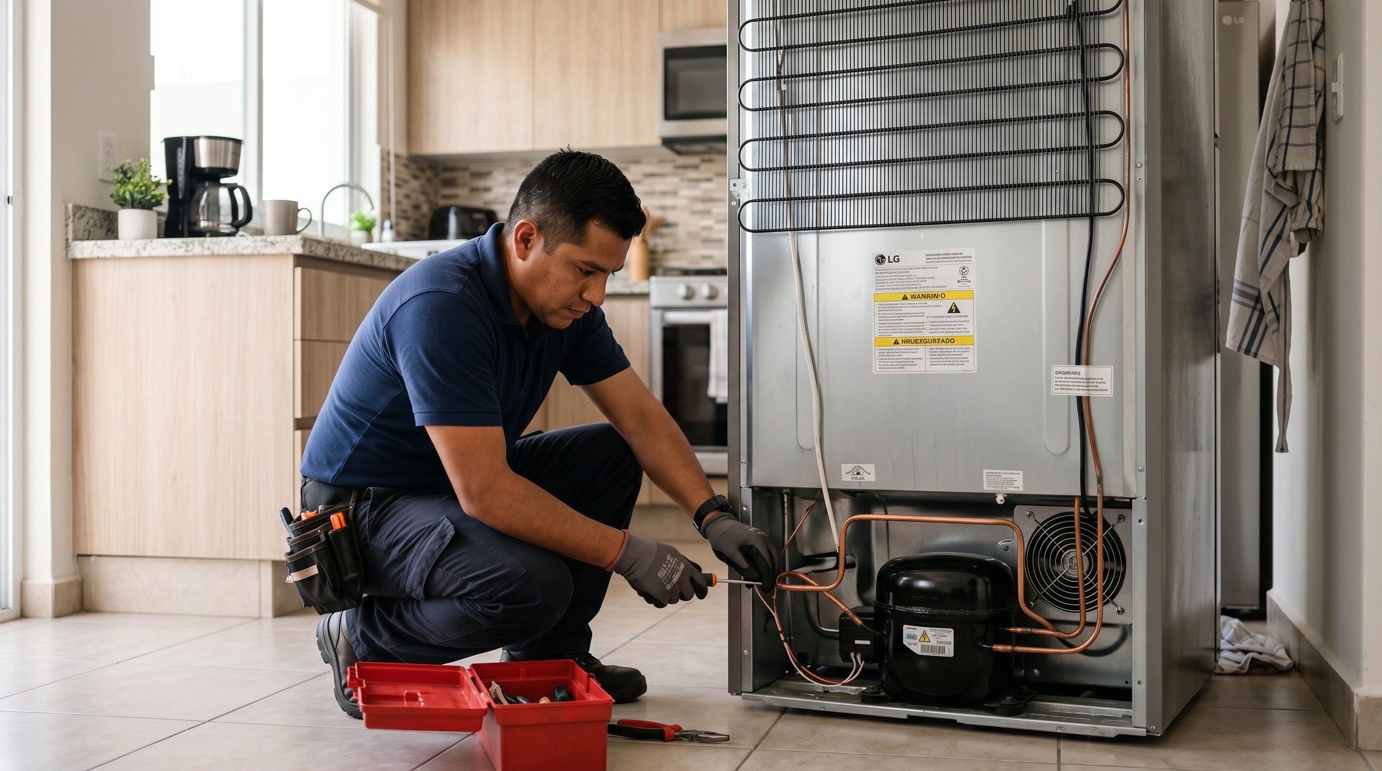 Técnico profesional reparando refrigerador desde la parte posterior