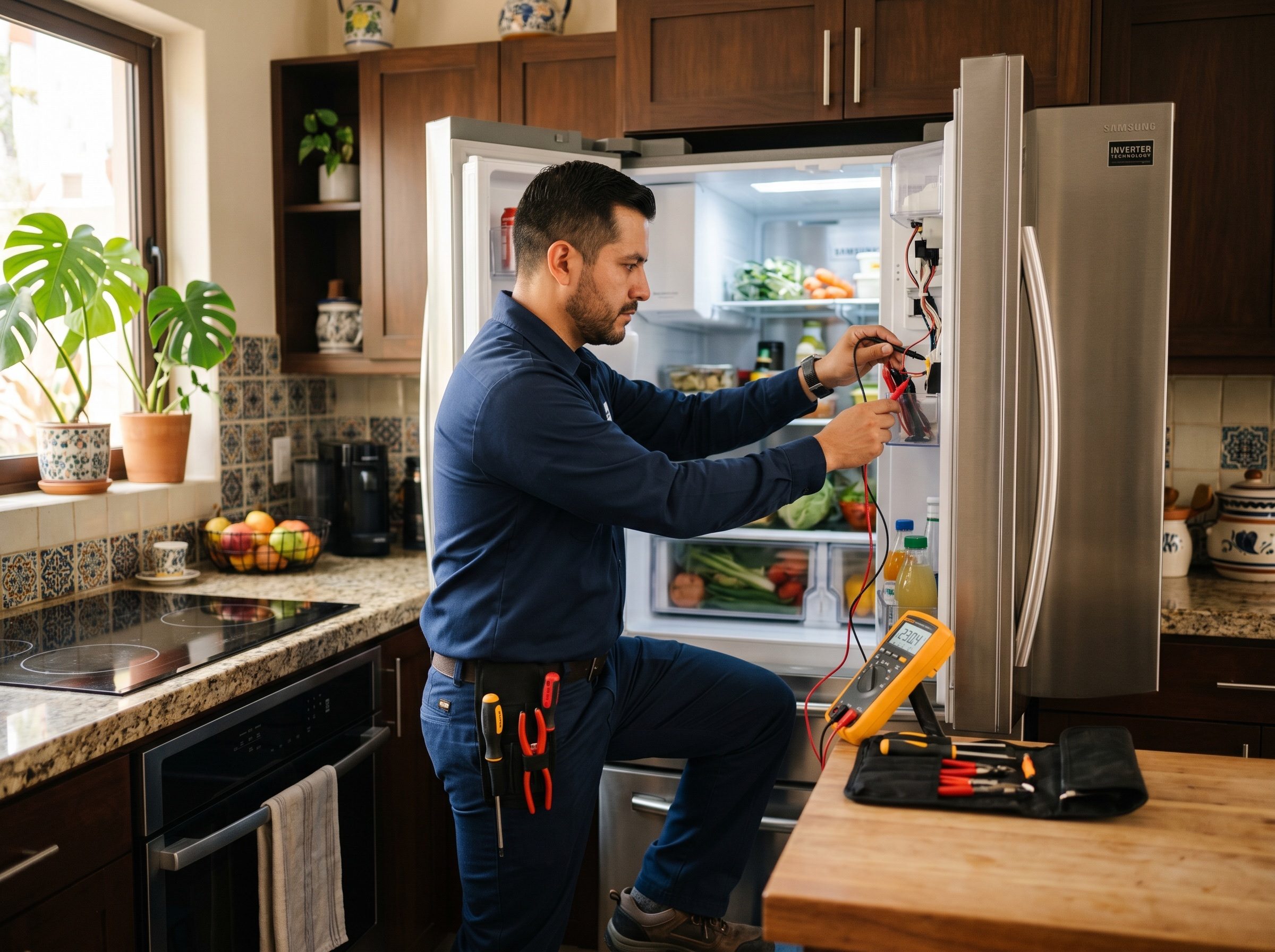 Técnico reparando refrigerador Inverter